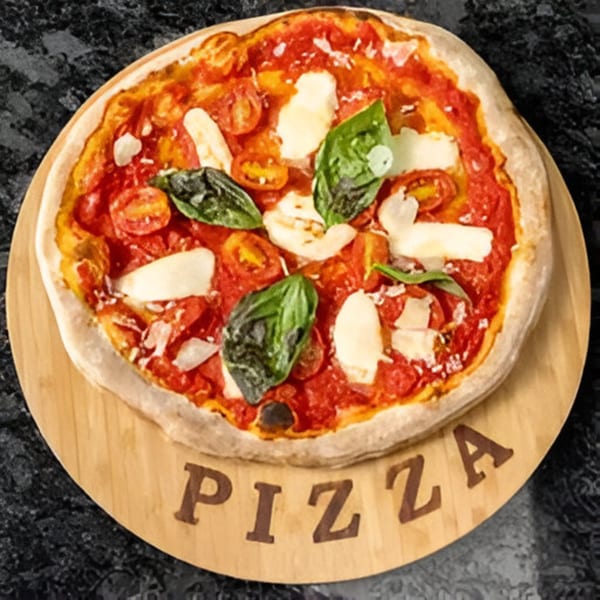 Bella Ciao's pizza with tomato sauce, fresh mozzarella, basil, and cherry tomatoes on a wooden board.