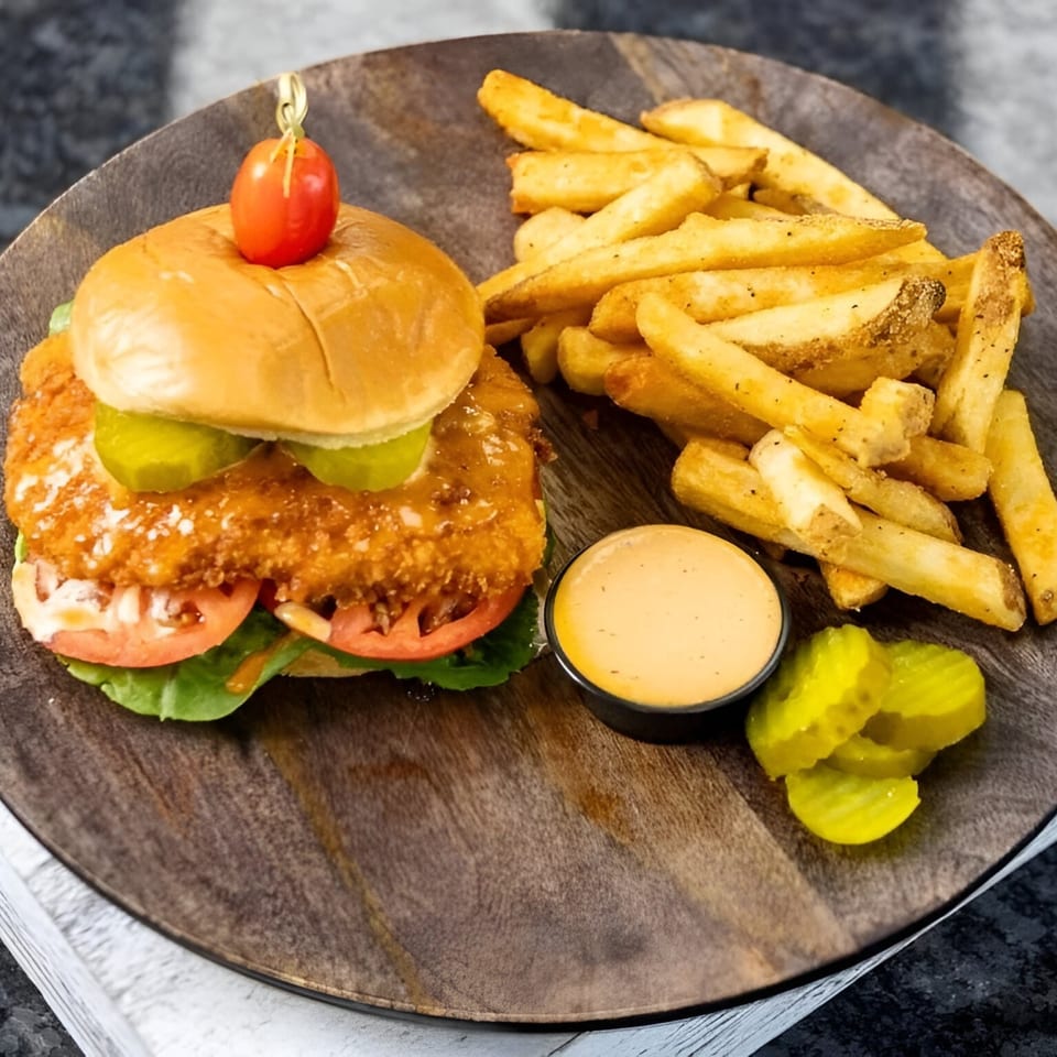 Crispy chicken sandwich with lettuce, tomato, pickles, fries, and dipping sauce on a wooden board.