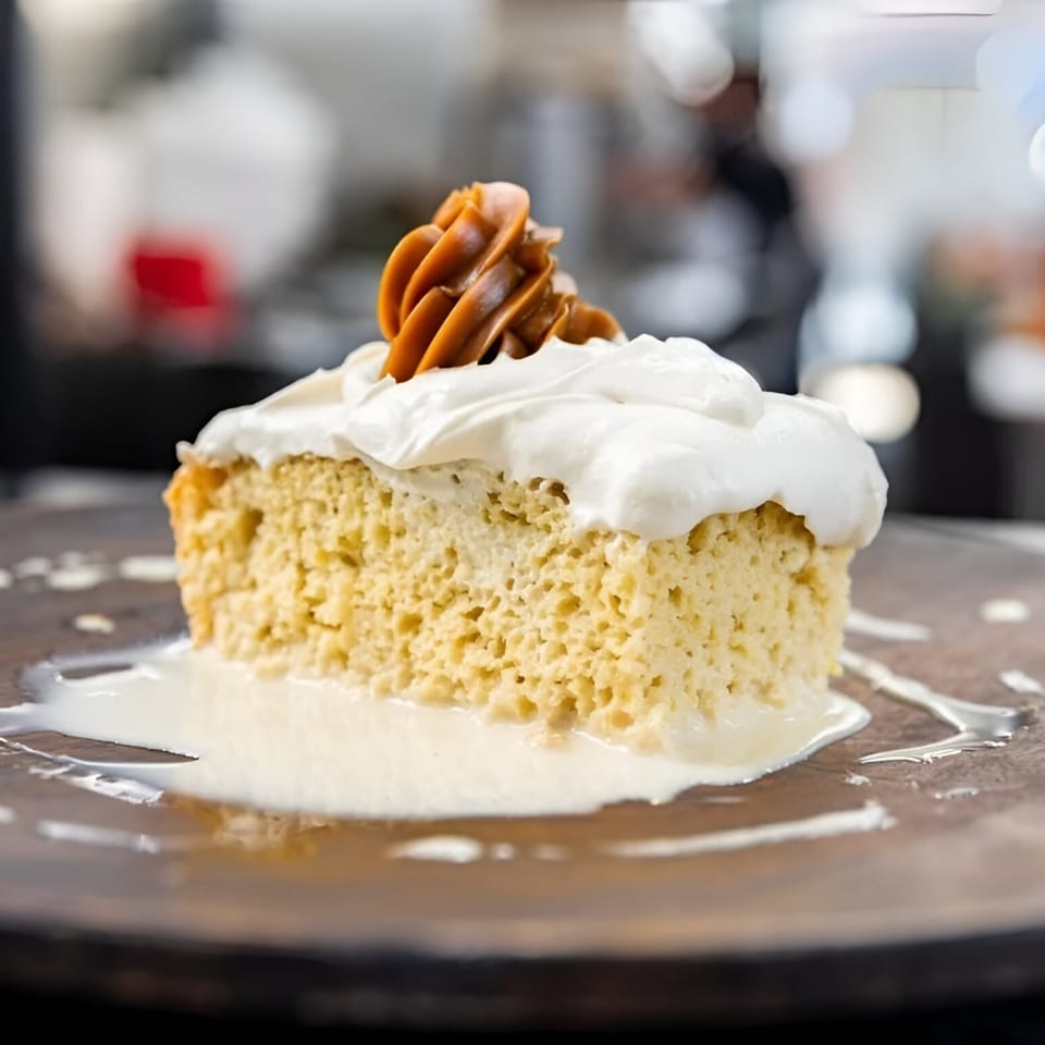 A slice of tres leches cake with whipped cream and a caramel swirl on a dark plate.