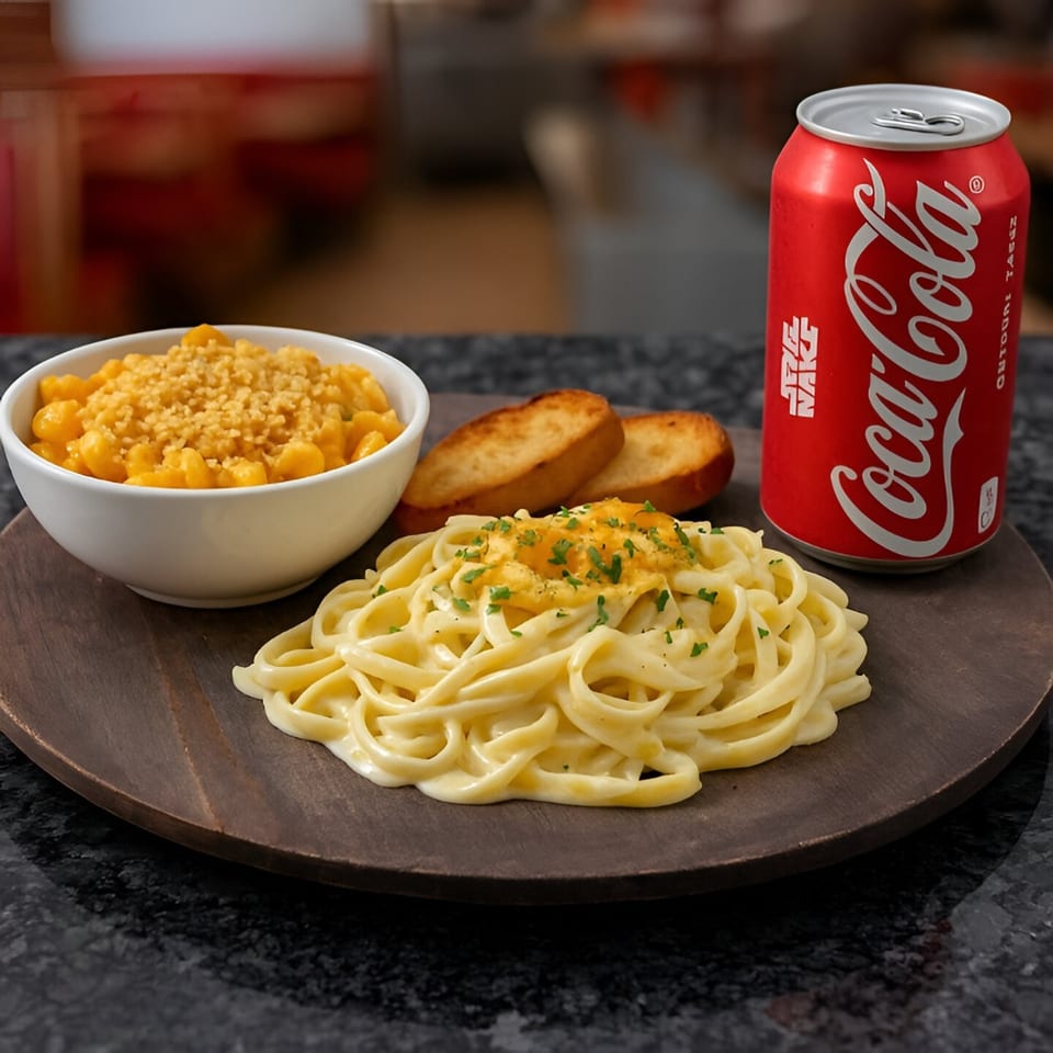 Creamy fettuccine Alfredo, mac and cheese, garlic bread, and a Coca-Cola on a wooden board.